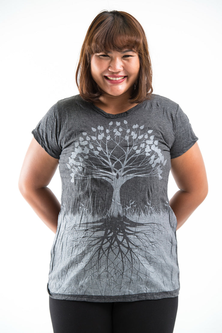 Sure Design Plus Size Womens Tree of Life T-Shirt in Silver on Black