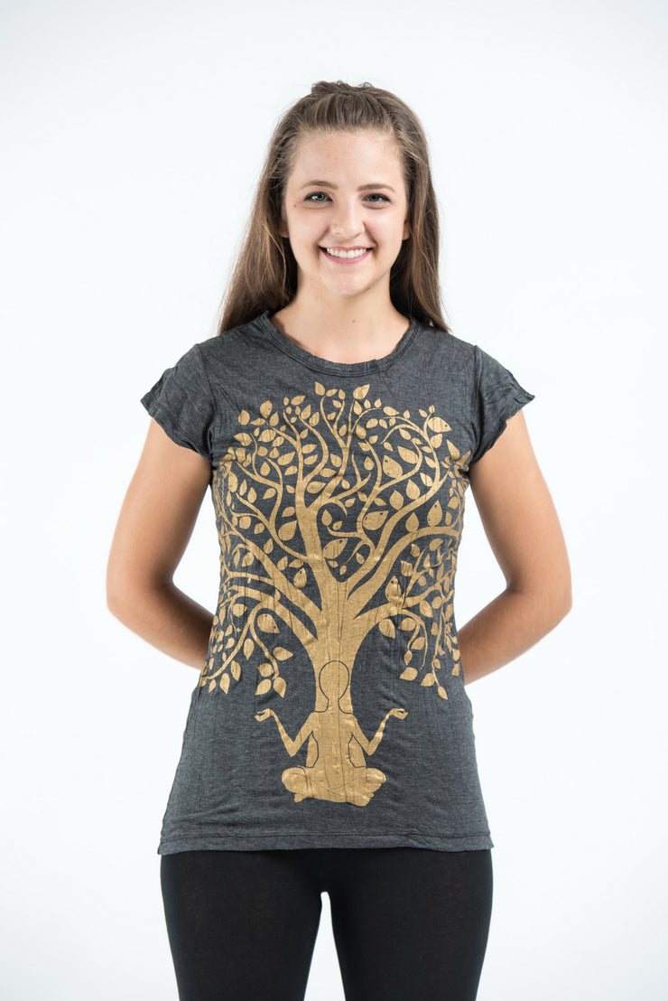 Womens Meditation Tree T-Shirt in Gold on Black
