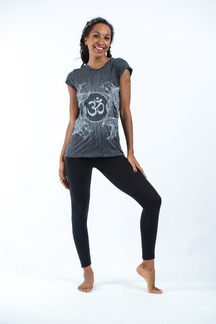 Womens Om and Koi Fish T-Shirt in Silver on Black