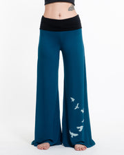Birds Spandex Wide Leg Palazzo Pants in Turquoise