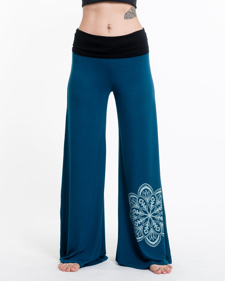 Mandala Spandex Wide Leg Palazzo Pants in Turquoise