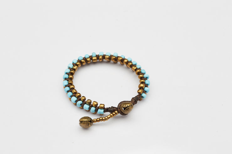Triple Brass Beads Bracelet with Light Blue Beads