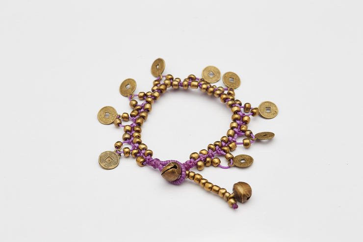 Brass Beads Bracelet with Brass Coins in Purple