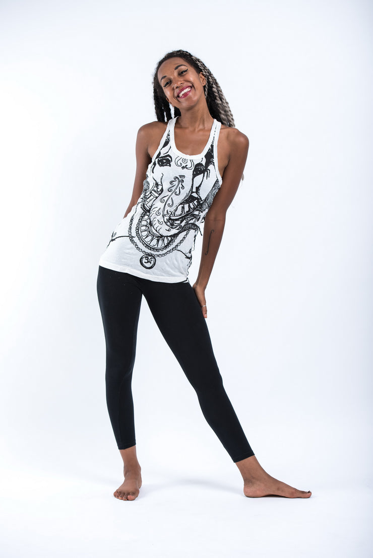 Womens Big Face Ganesh Tank Top in White