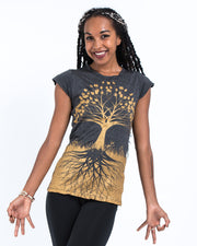 Womens Tree of Life T-Shirt in Gold on Black