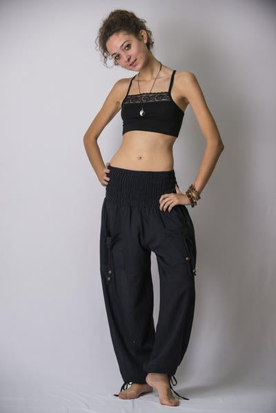 Womens Solid Color Smocked Waist Pants in Black