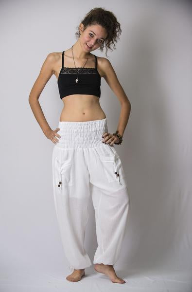 Womens Solid Color Smocked Waist Pants in White