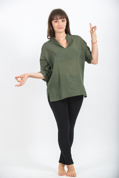 Womens V Neck Band Collar Yoga Shirt in Olive