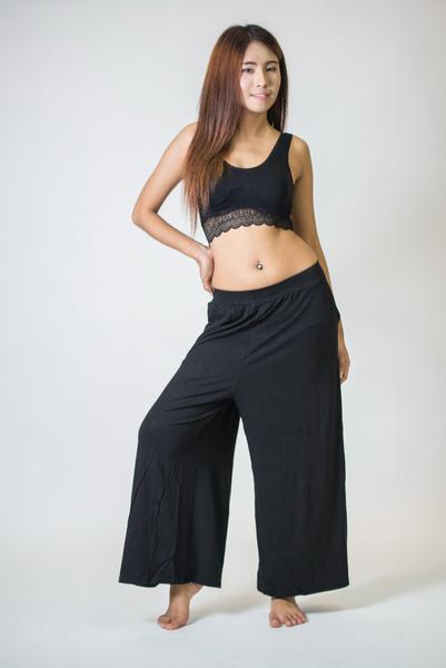 Womens Solid Color Stretchy Palazzo Pants in Black