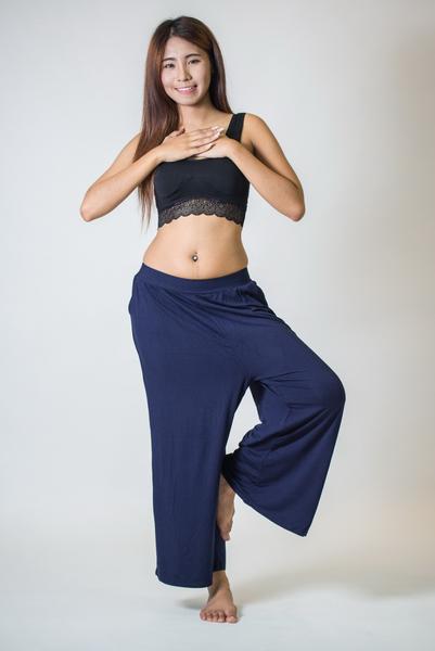 Womens Solid Color Stretchy Palazzo Pants in Navy