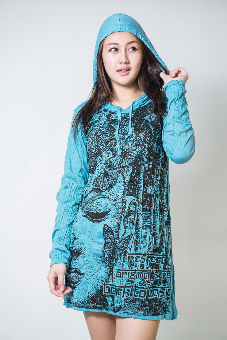 Womens Butterfly Buddha Hoodie Dress in Turquoise