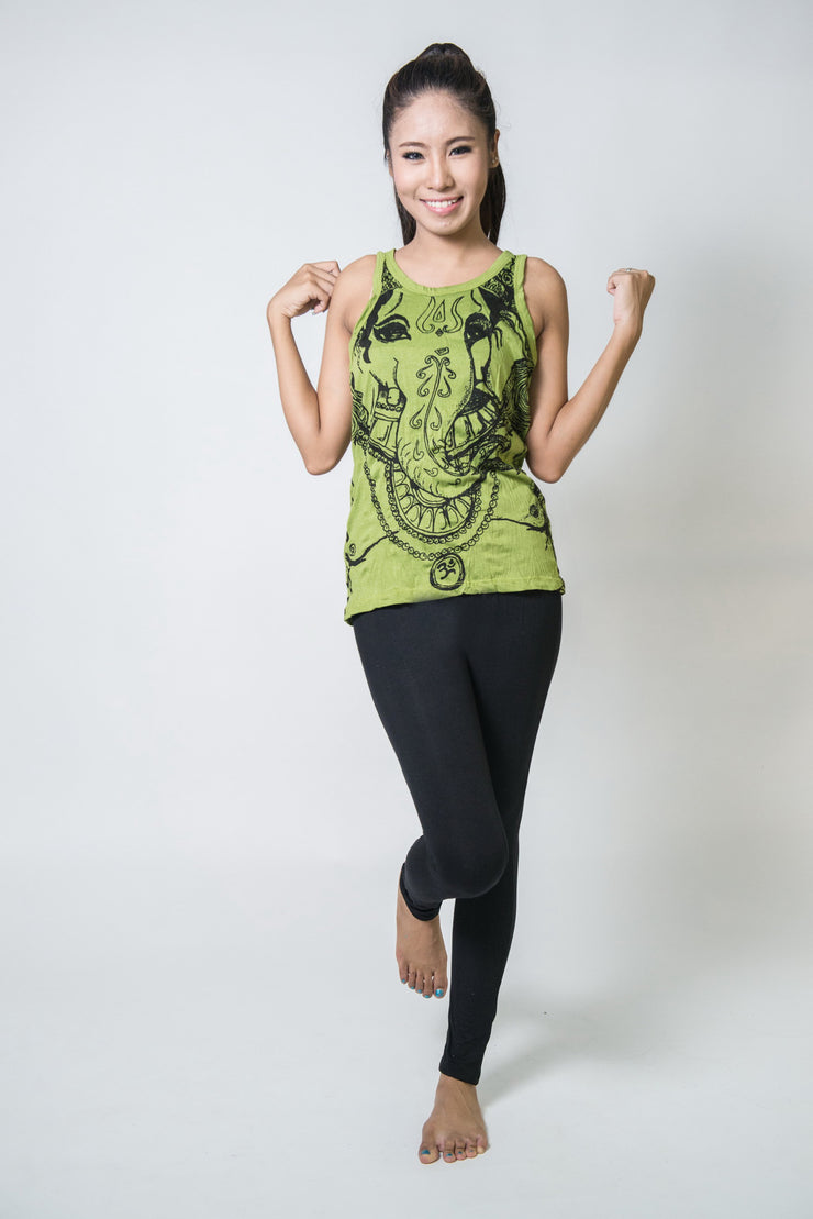 Womens Big Face Ganesh Tank Top in Lime