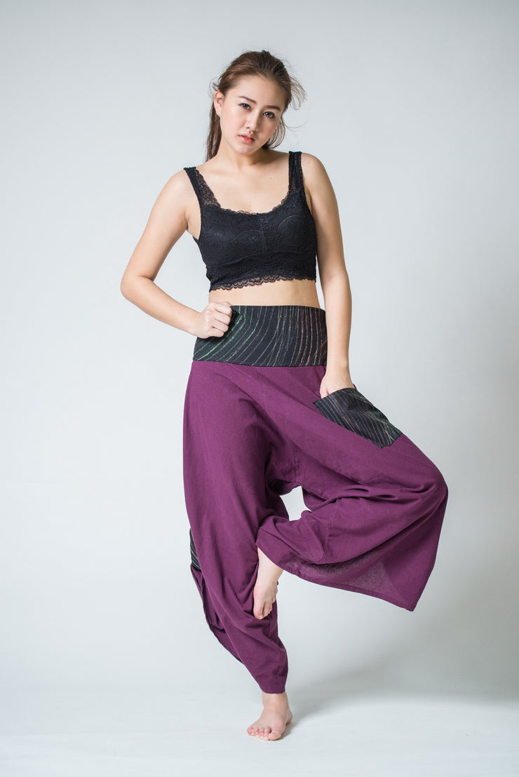 Unisex Button Up Cotton Pants with Hill Tribe Trim in Purple