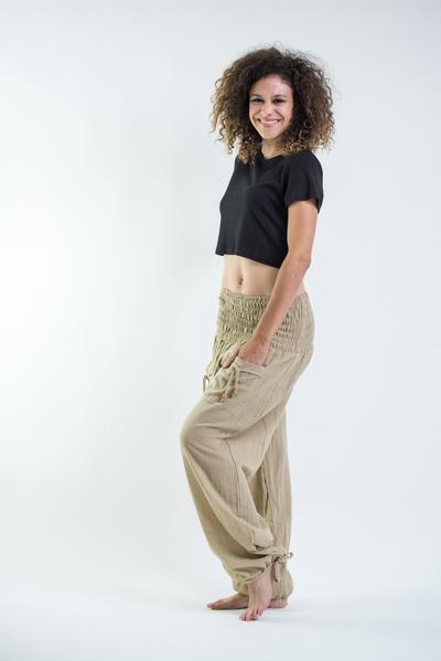 Womens Solid Color Smocked Waist Pants in Tan