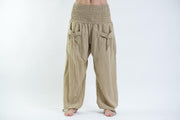 Womens Solid Color Smocked Waist Pants in Tan