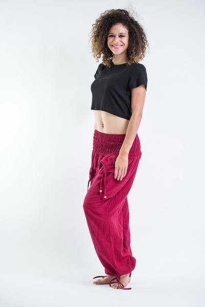 Womens Solid Color Smocked Waist Pants in Red