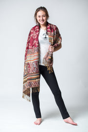 Nepal Floral Paisley Pashmina Shawl Scarf in Red