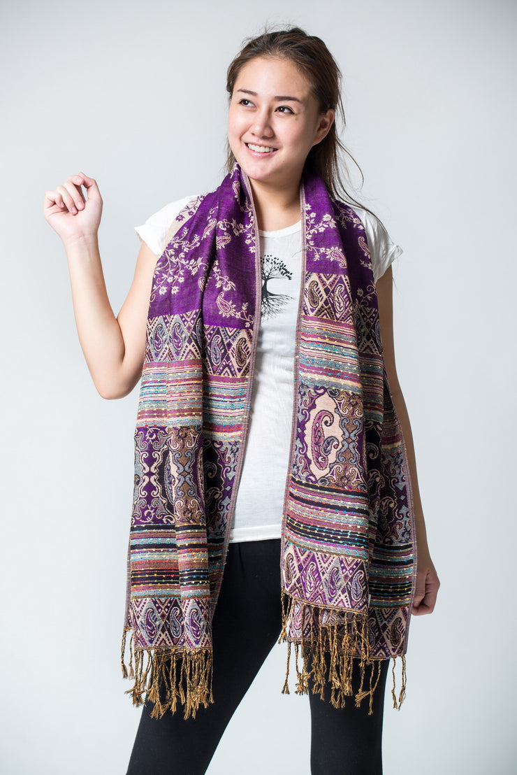 Nepal Floral Paisley Pashmina Shawl Scarf in Purple