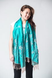 Nepal Floral Butterfly Pashmina Shawl Scarf in Turquoise