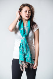 Nepal Floral Butterfly Pashmina Shawl Scarf in Turquoise