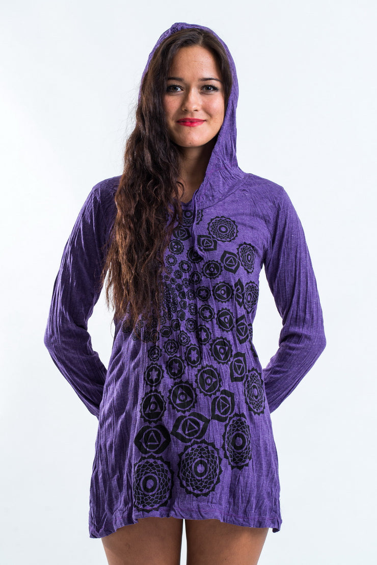 Womens Chakra Fractal Hoodie Dress in Purple
