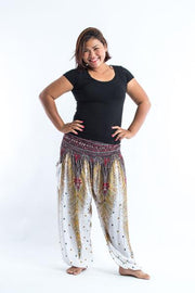 Plus Size Unisex Peacock Feathers Harem Pants in White