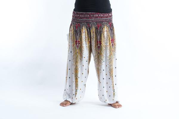 Plus Size Unisex Peacock Feathers Harem Pants in White