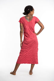 Womens Solid Color V Neck Long Dress in Red