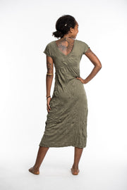 Womens Solid Color V Neck Long Dress in Green