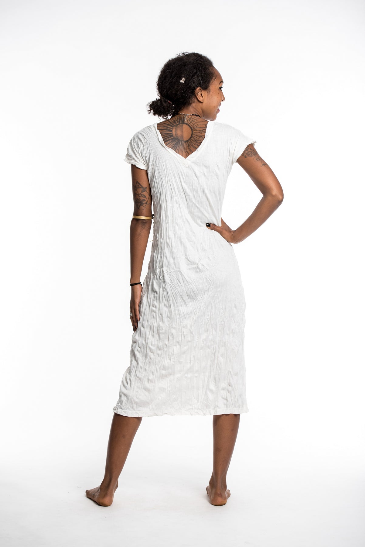 Sure Design Womens Solid Color V Neck Long Dress in White