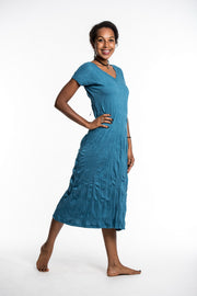 Womens Solid Color V Neck Long Dress in Denim Blue