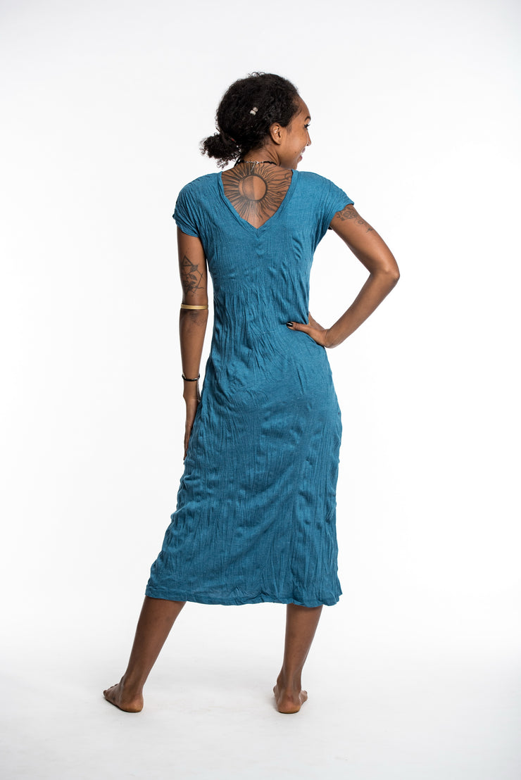 Womens Solid Color V Neck Long Dress in Denim Blue