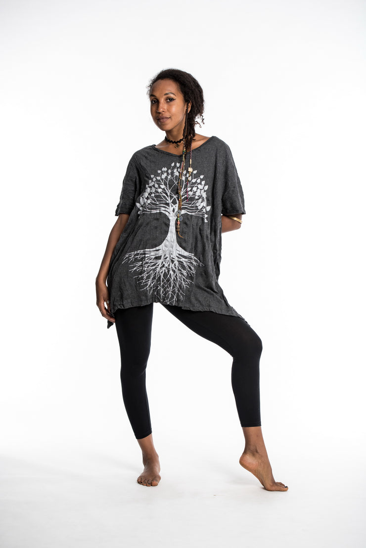 Womens Tree of Life Loose V Neck T-Shirt in Silver on Black