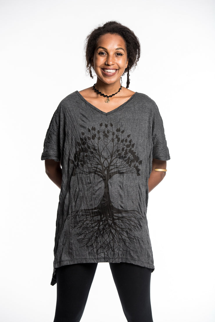 Womens Tree of Life Loose V Neck T-Shirt in Black