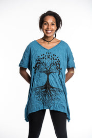 Womens Tree of Life Loose V Neck T-Shirt in Denim Blue