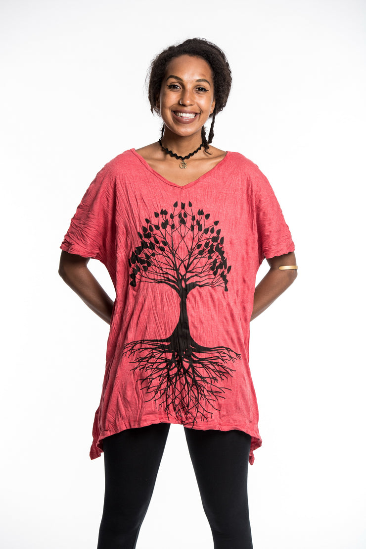 Womens Tree of Life Loose V Neck T-Shirt in Red