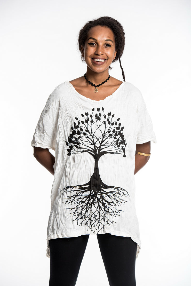 Womens Tree of Life Loose V Neck T-Shirt in White