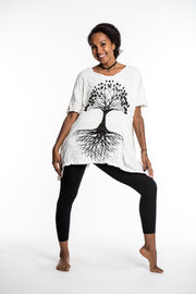Womens Tree of Life Loose V Neck T-Shirt in White