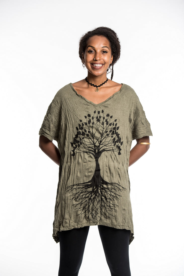 Womens Tree of Life Loose V Neck T-Shirt in Green