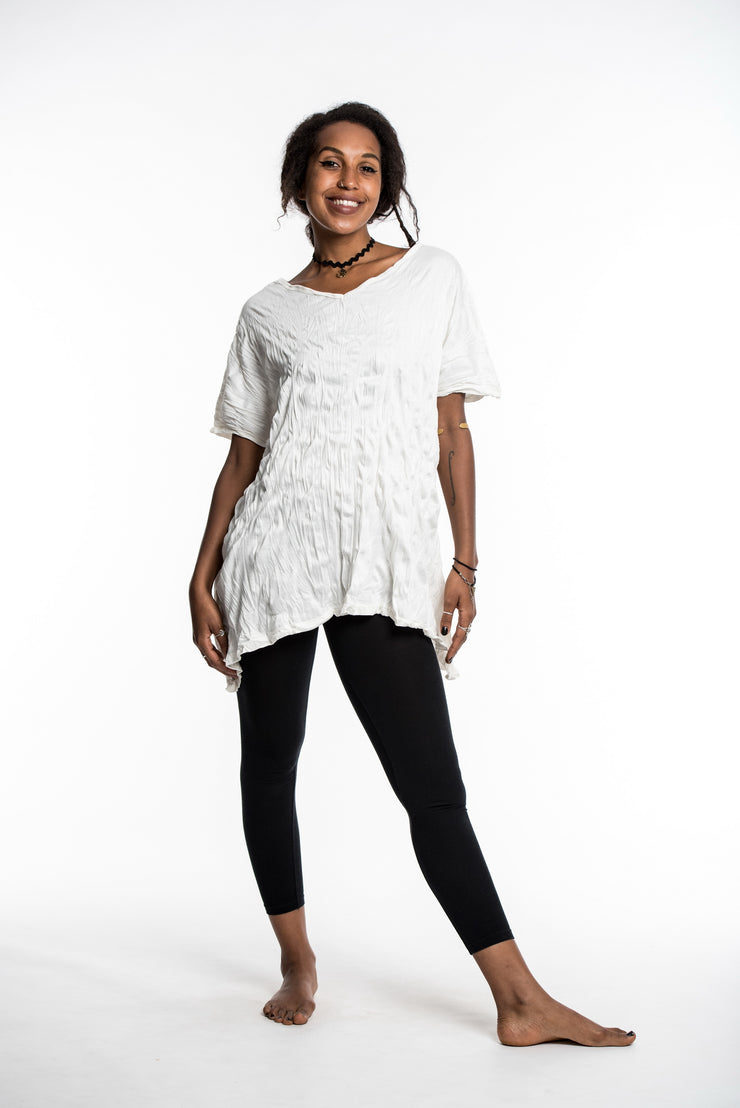 Womens Solid Color Loose V Neck T-Shirt in White