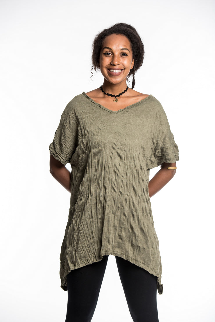 Womens Solid Color Loose V Neck T-Shirt in Green