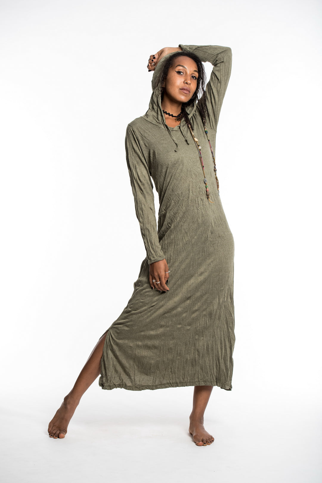 Sure Design Womens Solid Color Long Hoodie Dress in Green
