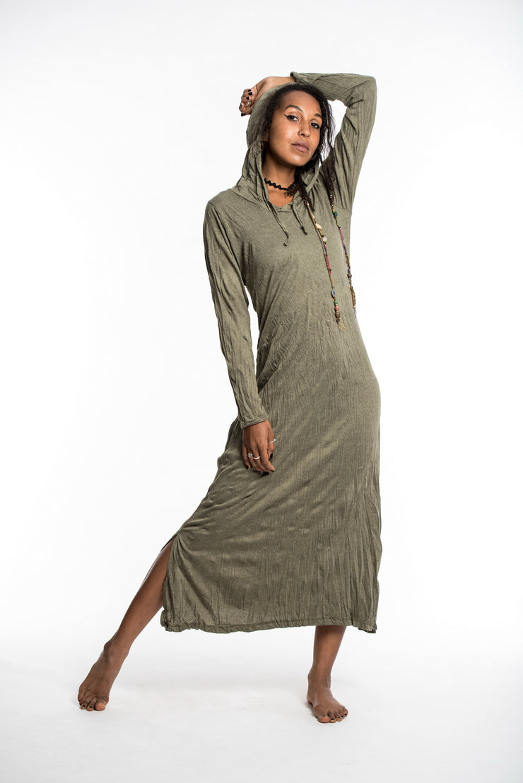 Womens Solid Color Long Hoodie Dress in Green