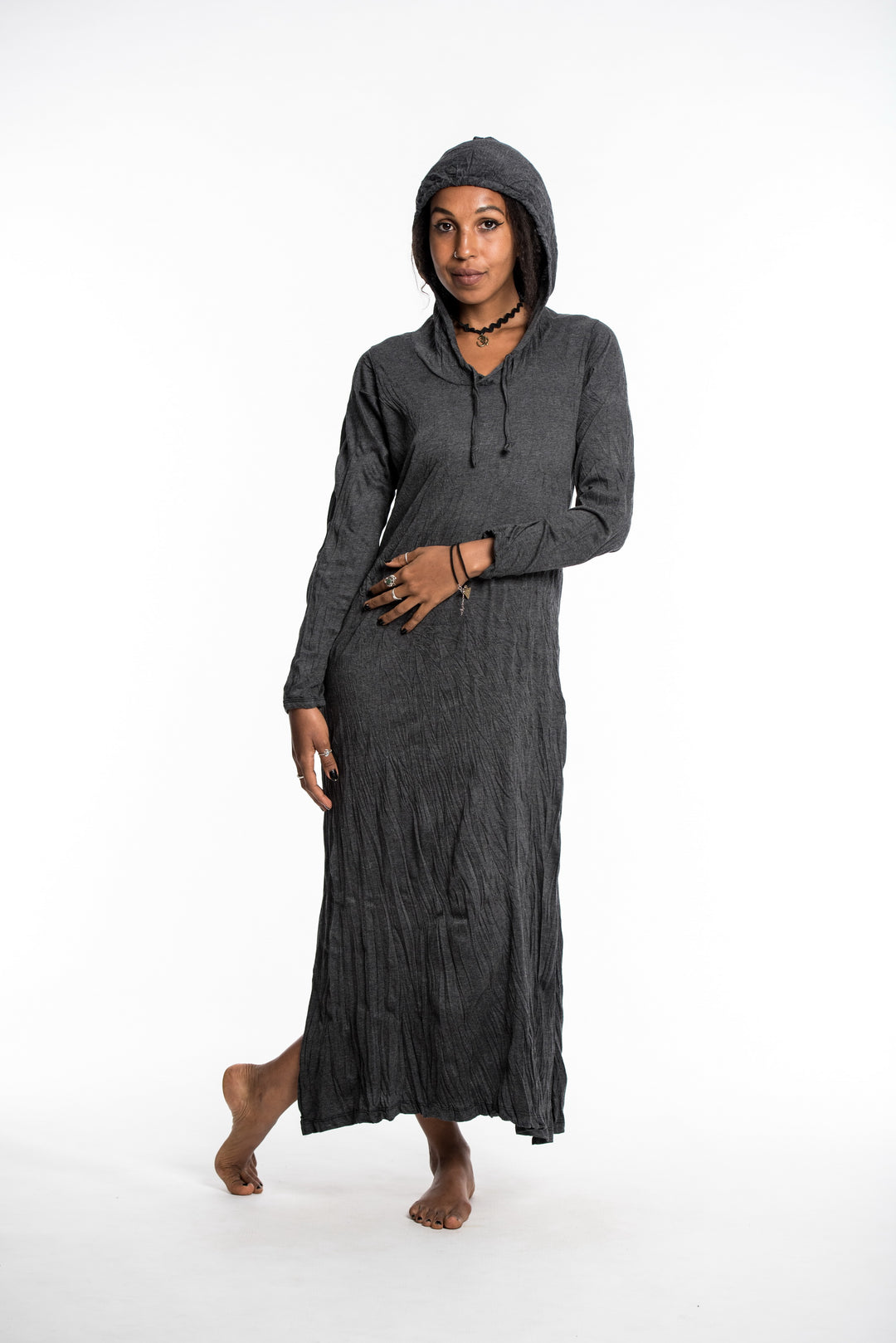 Sure Design Womens Solid Color Long Hoodie Dress in Black