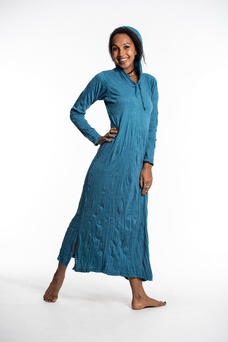 Womens Solid Color Long Hoodie Dress in Denim Blue