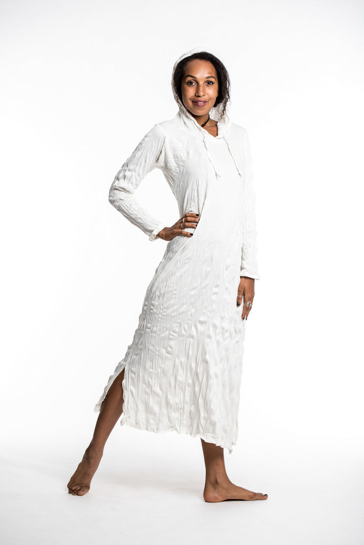 Womens Solid Color Long Hoodie Dress in White