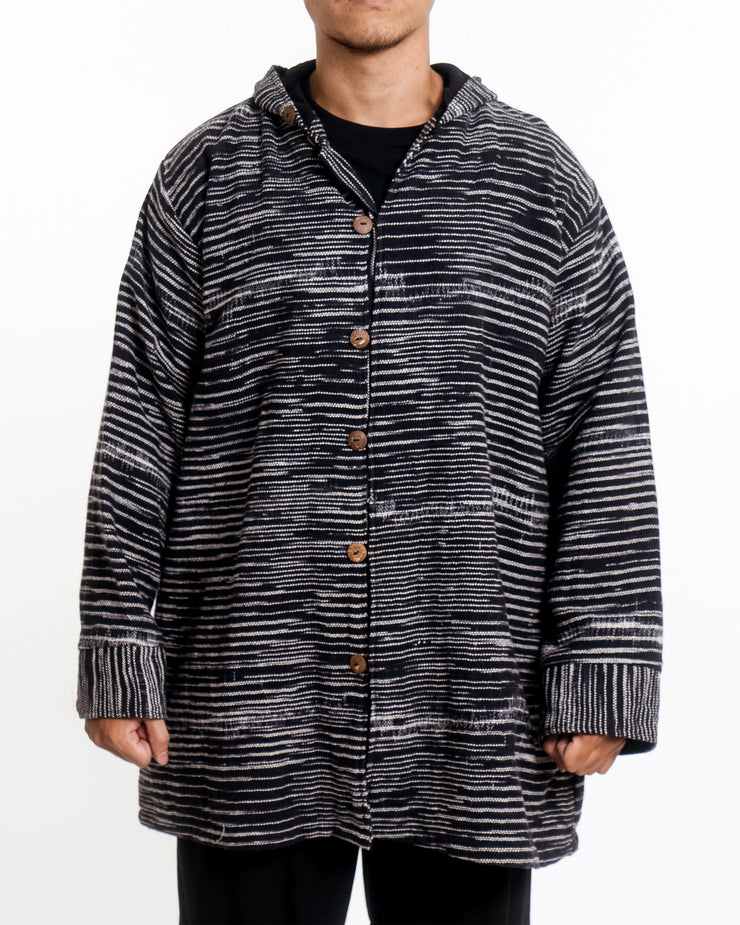 Unisex Oversized Light Hooded Button Hand-Woven Cotton Jacket in Black