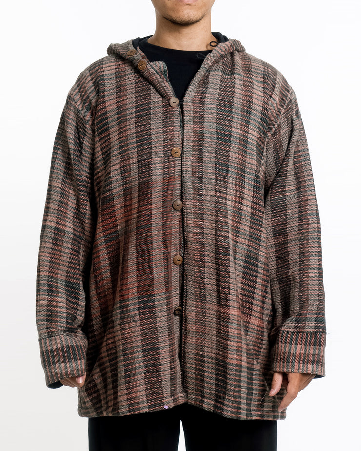 Unisex Oversized Light Hooded Button Hand-Woven Cotton Jacket in Brown