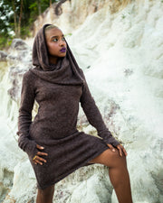 Shawl Hoodie Combo Sweater Dress in Brown