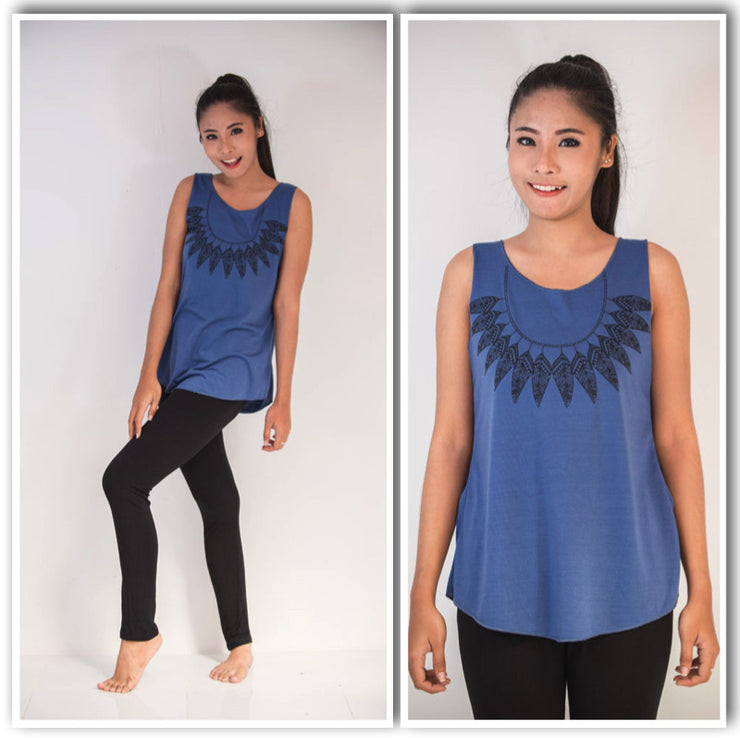 Womens Feather Necklace Tank Top in Denim Blue